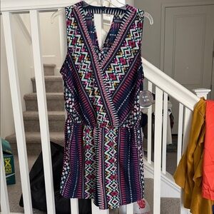 BeBop Sleeveless V-Neck Mini Dress in Navy & Multicolor Geometric